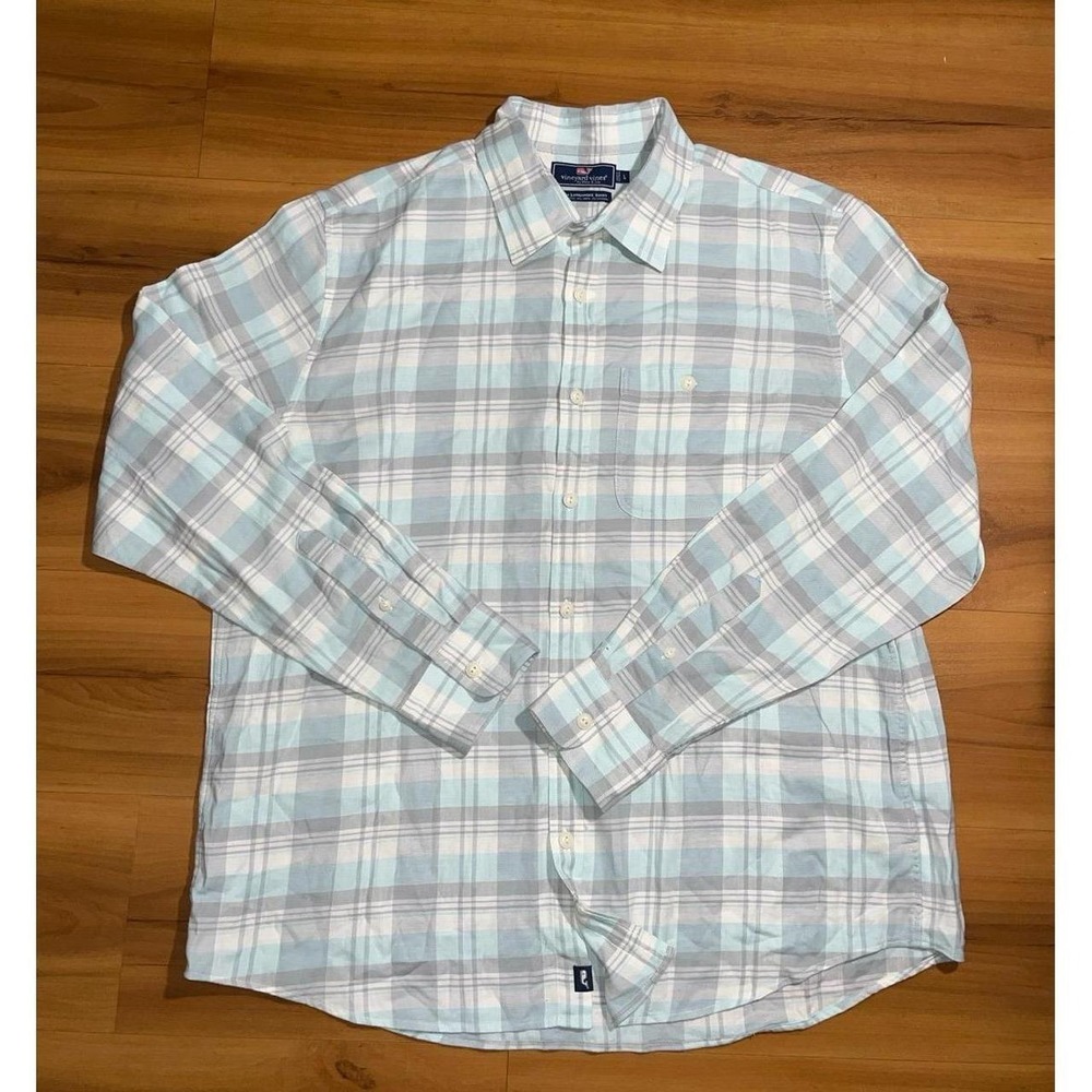Vineyard Vines Slim Longshore Linen Cotton Blend Plaid Button Down Shirt